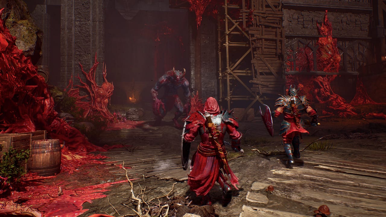 Two Nephilim charging a Hellgrowth demon through a blood-soaked street in Gildenarch