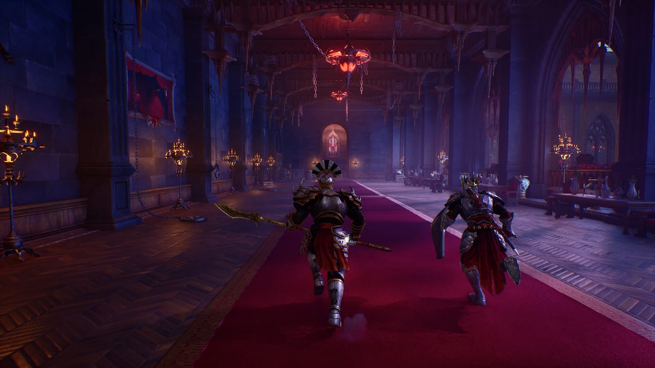 Two Nephilim running the red-carpet hall of Sanctus Clypeus between hunts